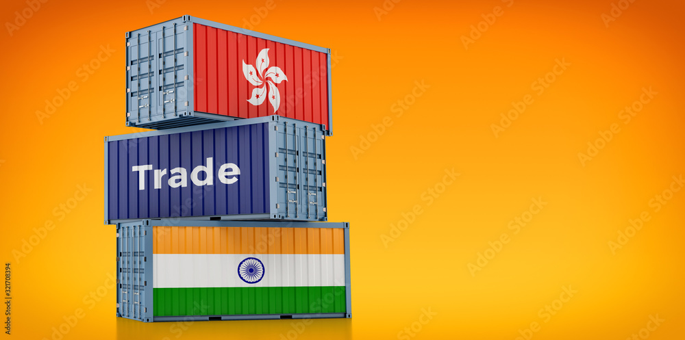 Freight container with Hong Kong and India flag. 3D Rendering