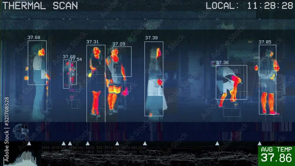 3D animation of international passengers infrared thermal scan imaging camera on immigration and entry after landing. conceptual security and medica health diagnosis quarantine precaution measuring