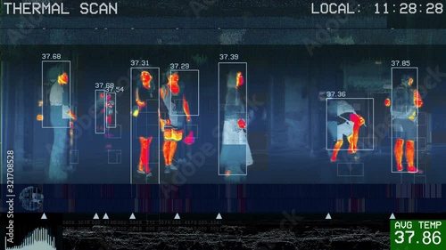 3D animation of international passengers infrared thermal scan imaging camera on immigration and entry after landing. conceptual security and medica health diagnosis quarantine precaution measuring