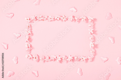 Beautiful flowers composition. Pink flowers on pastel pink background. Valentines Day, Easter, Birthday, Happy Women's Day, Mother's day. Flat lay, top view, copy space © prime1001