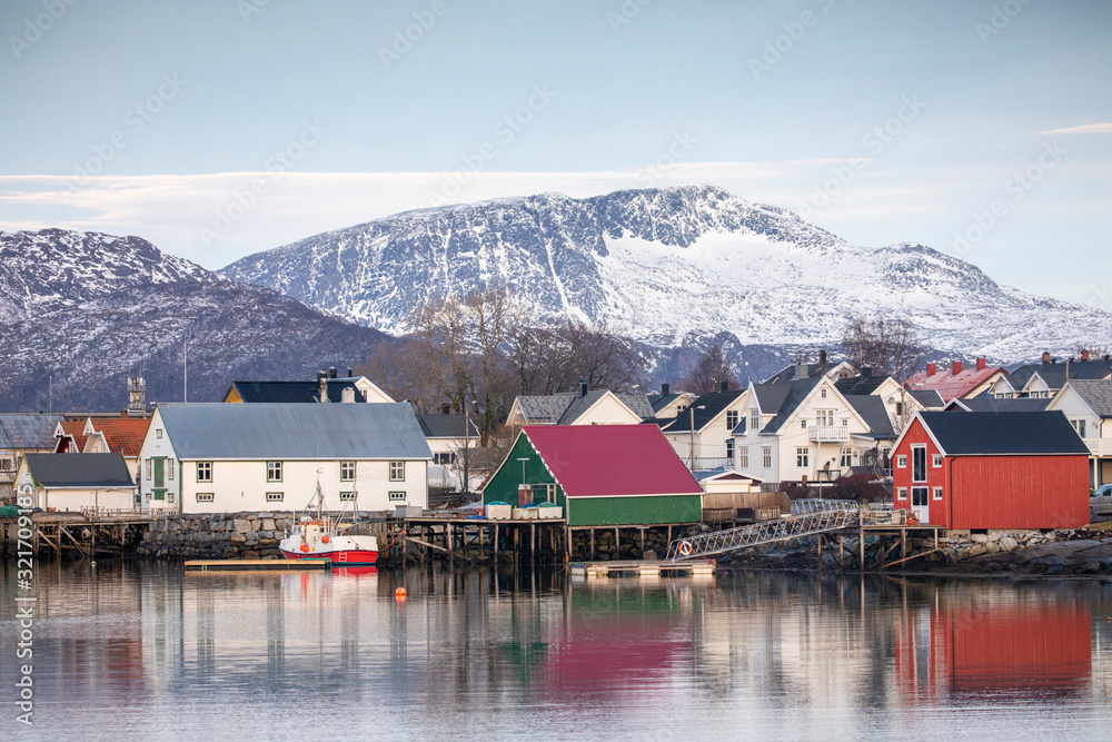 Boats and sea house in Brønnøysund harbor in Nordland county Boats and sea house in Brønnøysund harbor in Nordland county