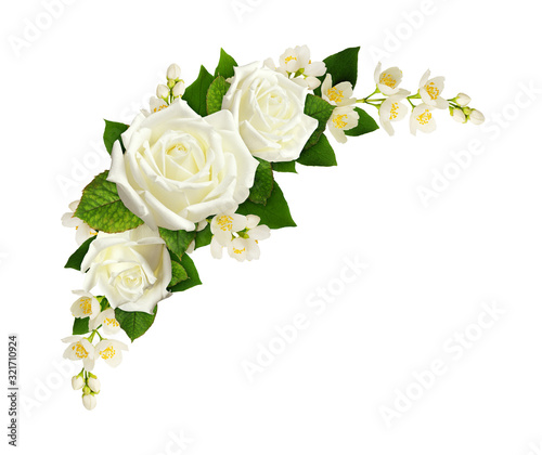 Twigs of Jasmine flowers and roses in a corner arrangement