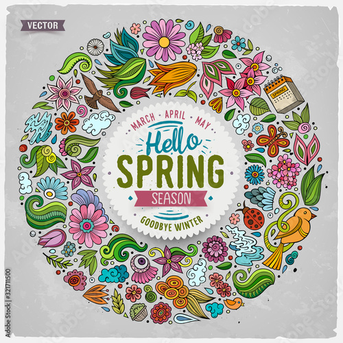 Colorful vector hand drawn set of Spring cartoon doodle objects