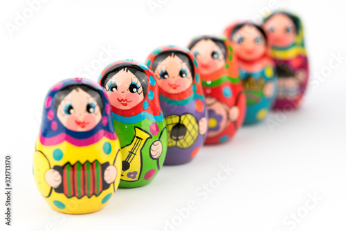 traditional russian souvenir matryoshka, six babushka doll in a row