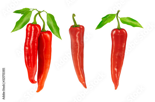 Fotografering Collection of isolated peppers with leaves on a white background