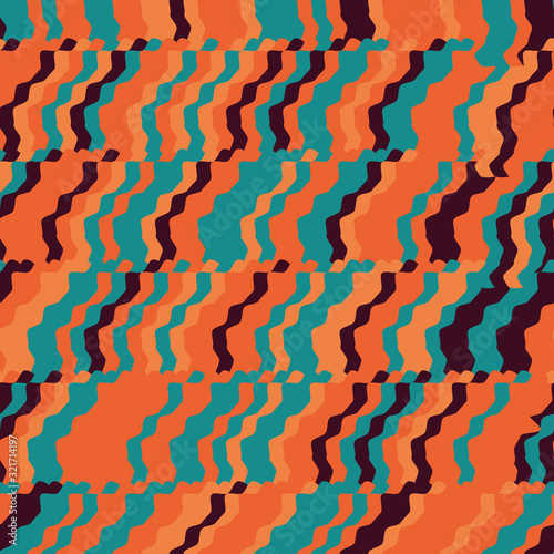 Diagonal glitch striped seamless vector pattern in vibrant orange and teal. Colorful abstract surface print design. photo