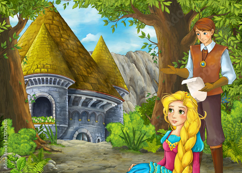 Fototapeta Naklejka Na Ścianę i Meble -  Cartoon nature scene with beautiful castle with prince and princess