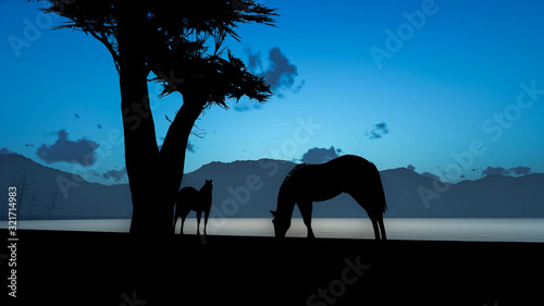 Horse in Nature Landscape 3D Rendering