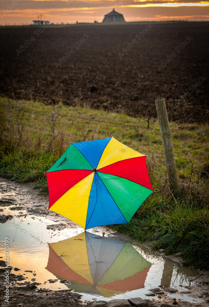 Bright umbrella on track with reflection in puddle