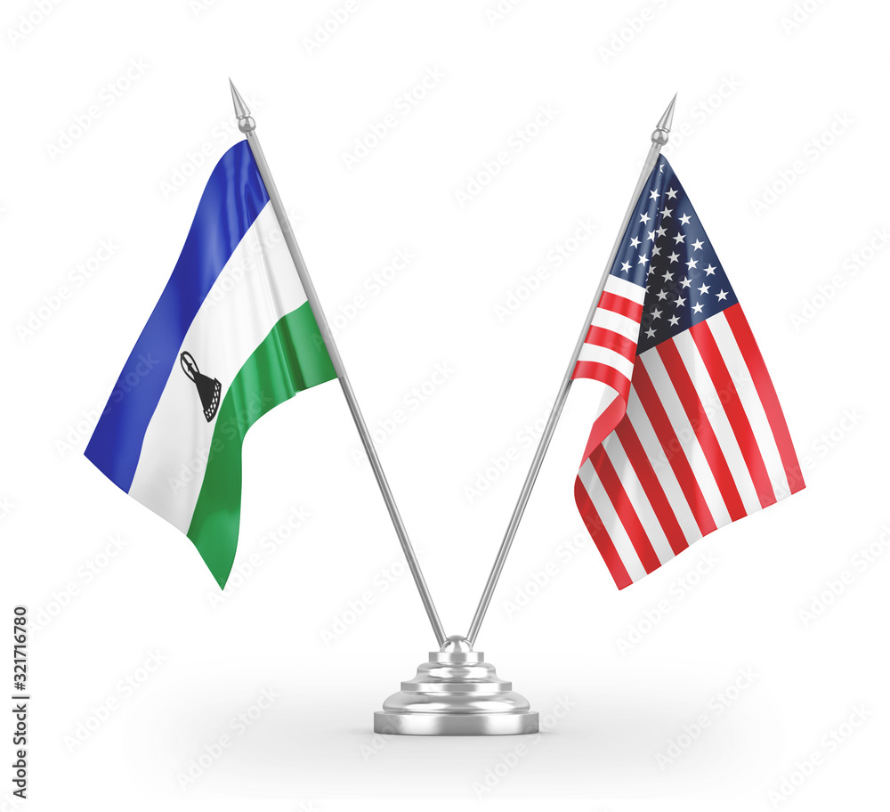 United States and Lesotho table flags isolated on white 3D rendering