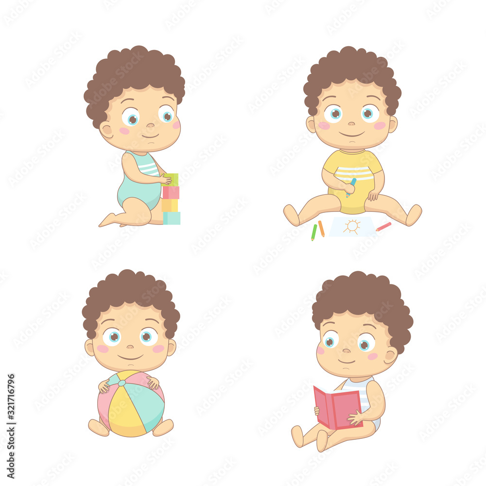 Cute babies draw with pencils, play with cubes, with a ball, read a book. Vector illustration on a white background. Cute babies draw with pencils, play with cubes, with a ball, read a book. Vector illustration on a white background.