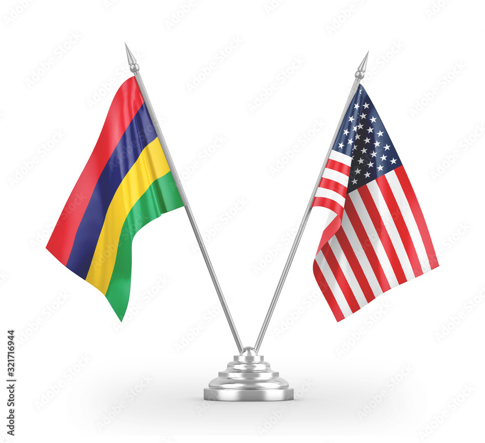 United States and Mauritius table flags isolated on white 3D rendering