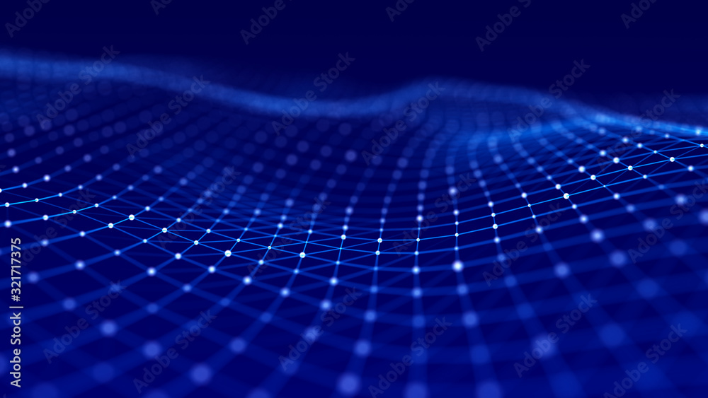 Wave of particles. Futuristic blue dots background with a dynamic wave. Big data. 3d rendering.
