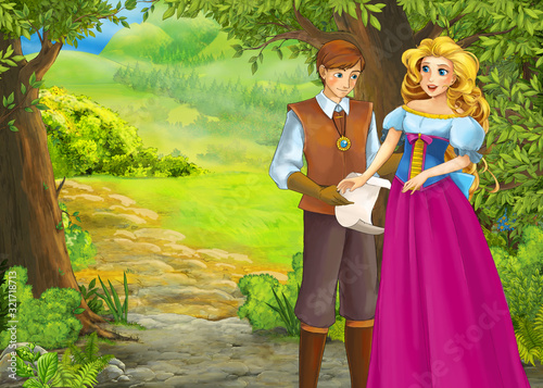 cartoon summer scene with meadow in the forest with prince and princess