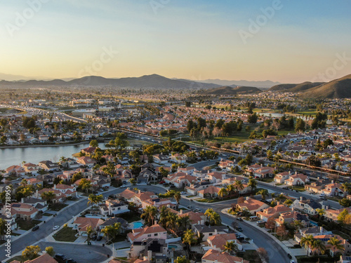 Aerial view of Menifee neighborhood, residential subdivision vila during sunset. Riverside County, California, United States © Unwind