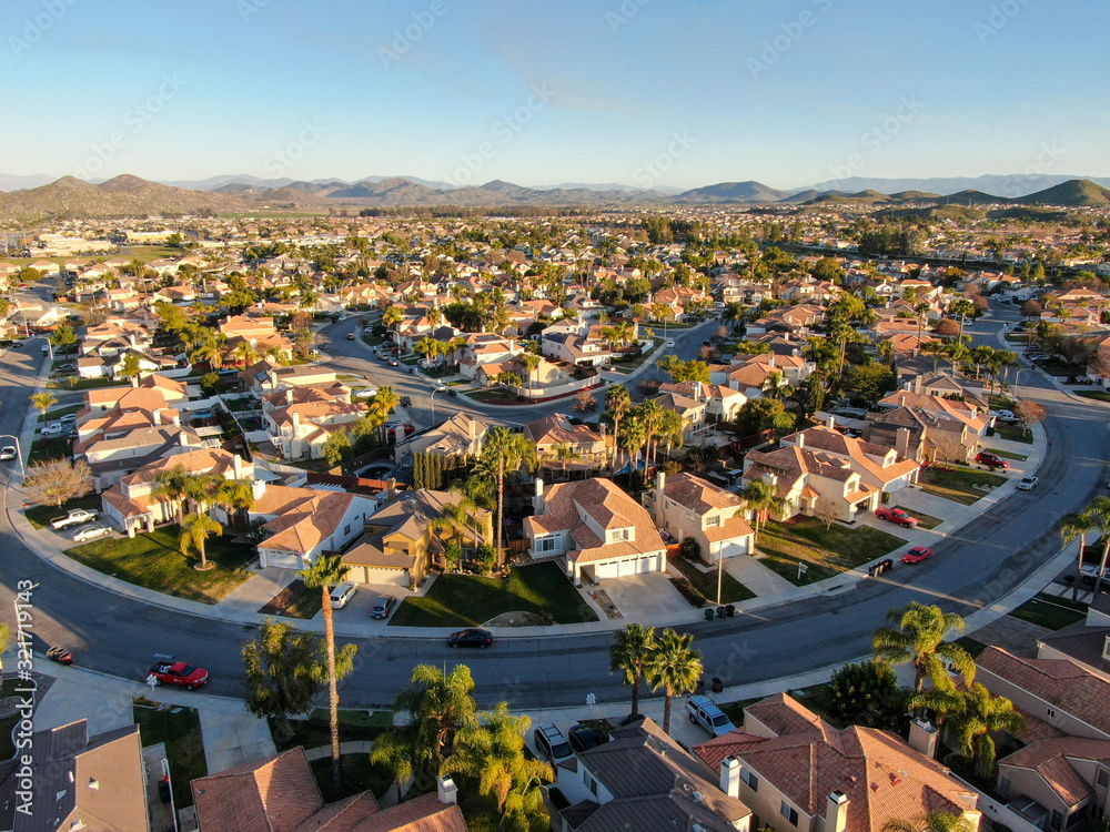 Aerial view of Menifee neighborhood, residential subdivision vila during sunset. Riverside County, California, United States