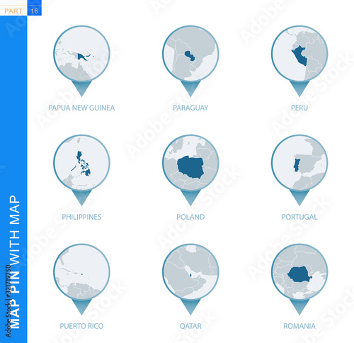Collection of map pin with detailed map and neighboring countries