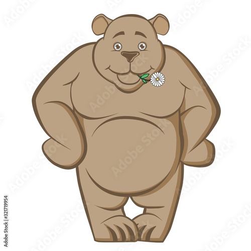 Hefty smiling bear with a flower in his teeth. A large  powerful beast  cheerfully tuned  not angry  good-natured. Vector illustration