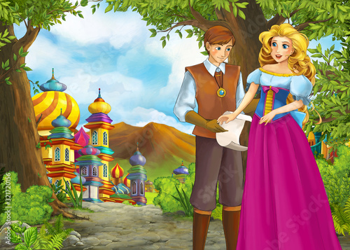 Fototapeta Naklejka Na Ścianę i Meble -  Cartoon nature scene with beautiful castle with prince and princess