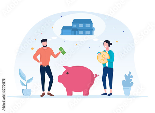 Young family saving their money for the future with a man and woman standing on either side of a large pink piggy bank holding cash to deposit, vector illutsration