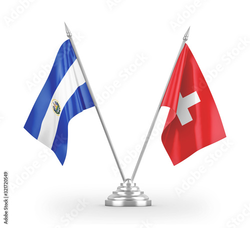 Switzerland and El Salvador table flags isolated on white 3D rendering photo