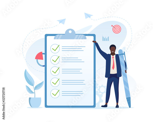 Fulfilment of business tasks concept with a businessman holding a large pen standing alongside a clipboard with a to do list where all tasks have been ticked off as being complete, vector illustration photo