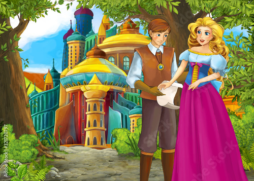 Cartoon nature scene with beautiful castle with prince and princess © honeyflavour