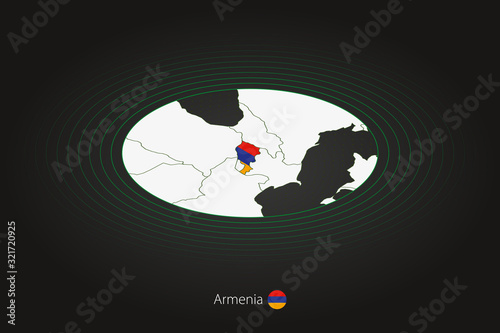 Armenia map in dark color, oval map with neighboring countries.