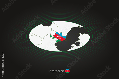 Azerbaijan map in dark color, oval map with neighboring countries.