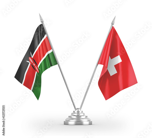 Switzerland and Kenya table flags isolated on white 3D rendering photo