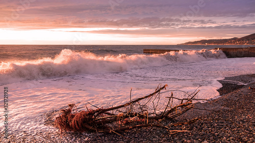 Beautiful landscape with sunset and driftwood. Pebbles on the beach. Black sea in winter, in Sochi.