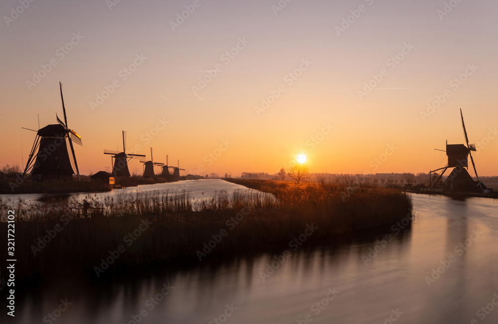 Rising sun in Kinderdijk, The Netherlands