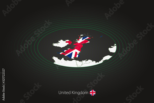 United Kingdom map in dark color, oval map with neighboring countries.