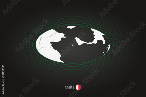 Malta map in dark color, oval map with neighboring countries.