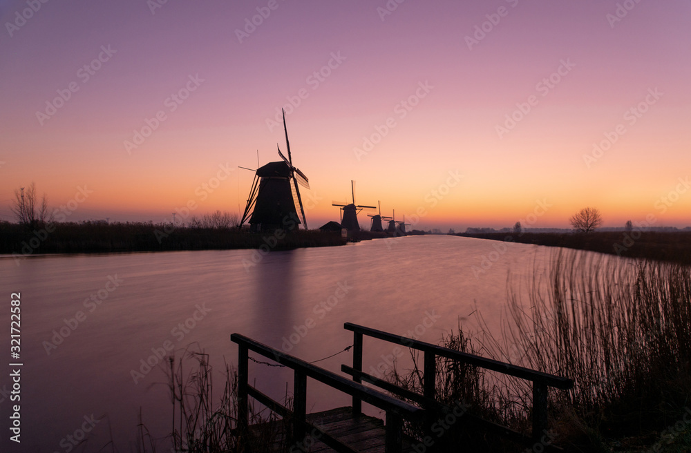 Windmills at dusk, Kinderdijk, The Netherlands