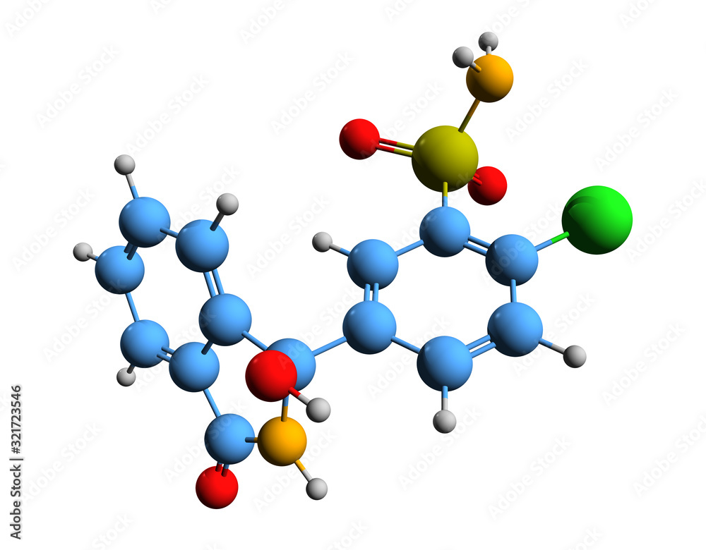 3D image of chlortalidone skeletal formula - molecular chemical structure of diuretic drug chlorthalidone isolated on white background 3D image of chlortalidone skeletal formula - molecular chemical structure of diuretic drug chlorthalidone isolated on white background