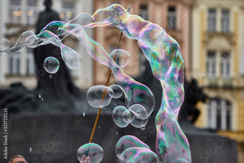 Soap bubbles show on Wenceslas Square, Prague, Czech Republic. 