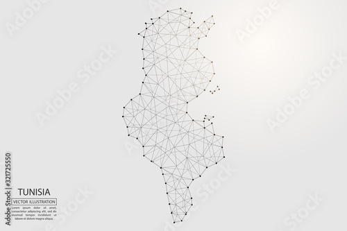 A map of Tunisia consisting of 3D triangles, lines, points, and connections. Vector illustration of the EPS 10.