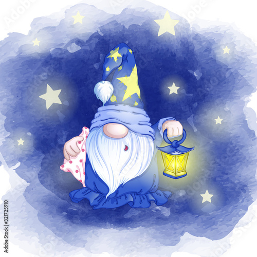 Fotografija Cute sleepy gnome in a hat with asterisks and with a flashlight in his hands goes to sleep