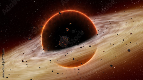 Fototapeta Naklejka Na Ścianę i Meble -  Supermassive black hole on cosmos, space. Accretion disk and rotating clouds, swallowing asteroids 3D rendering 