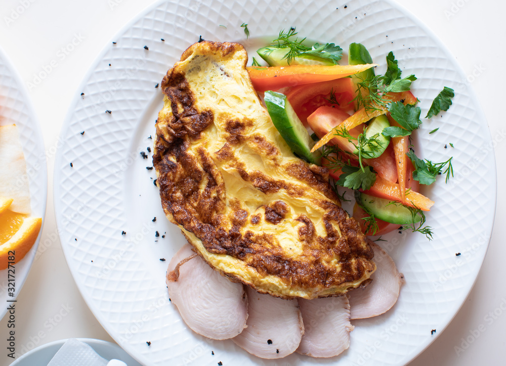 Close-up of tray with tasty breakfast on a bed. Close-up of tray with tasty breakfast on a bed.