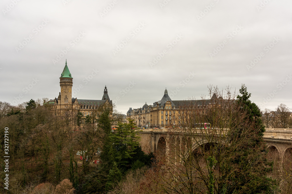 Panoramic view of Luxembourg capital. Adolphe Bridge.