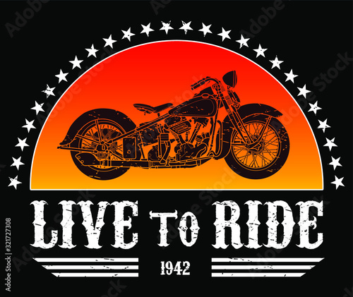 Bike or Motorcycle with sunset sun and stars with miliraty retro design live to ride 1942 over black background, vector illustration, vector art. ideal for stamps and t-shirts