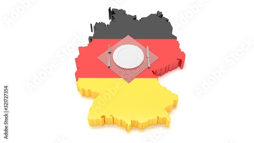 National dishes of Germany. Delicious recipes from Europe. Flag on a plate with food from Germany. 3D illustration. photo