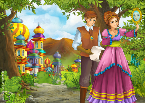 Cartoon nature scene with beautiful castle with prince and princess