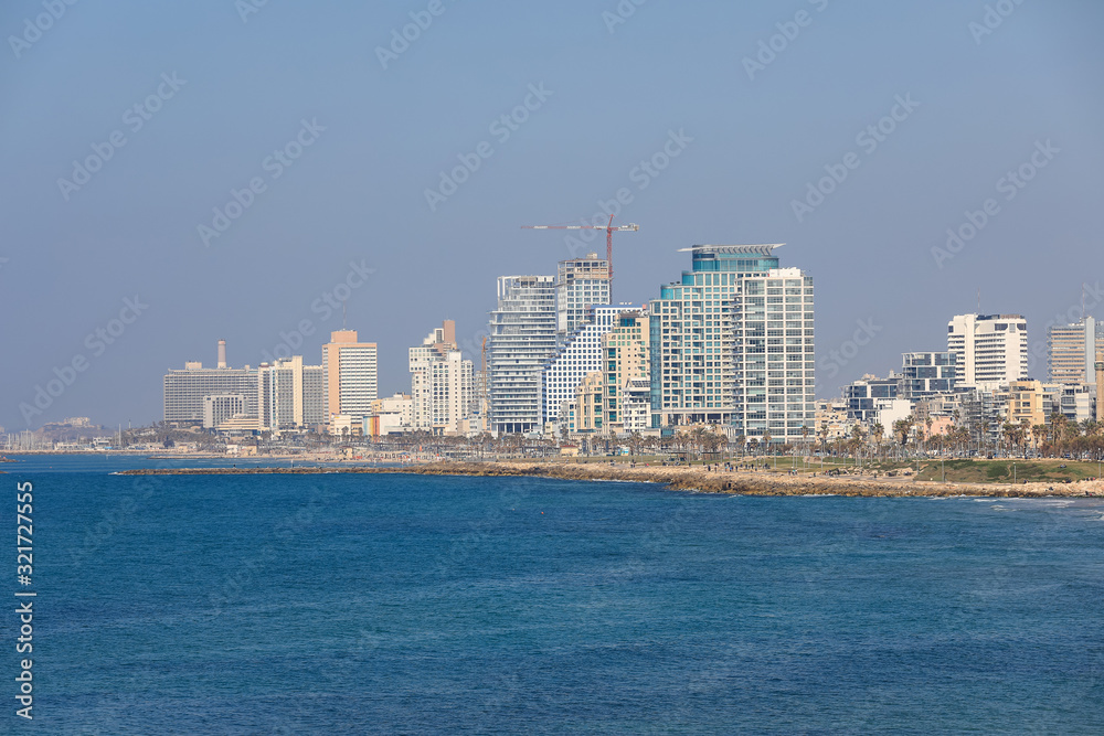Tel Aviv coastline, the hotel area from a low point of view. View of Tel Aviv coastline From Jaffa Port. 