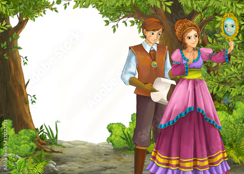 cartoon summer scene with meadow in the forest with white background with prince and princess