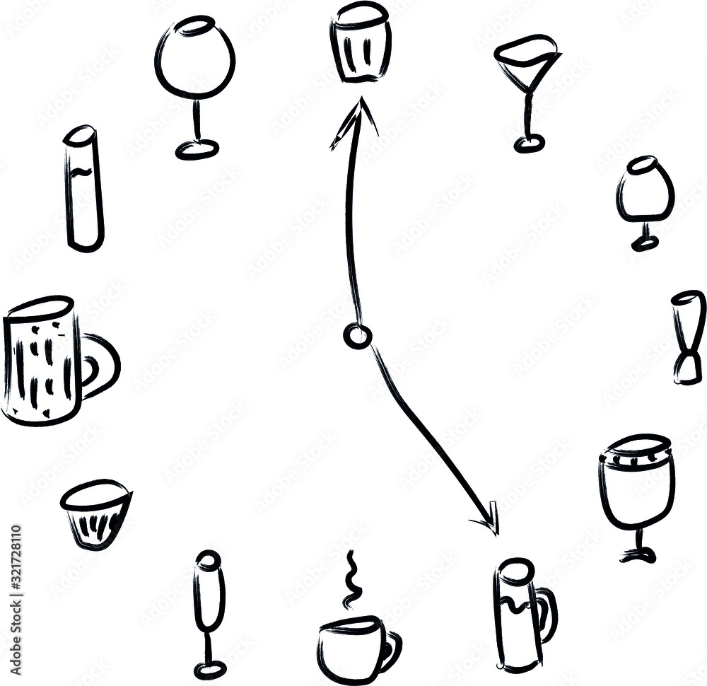 vector drawing or logo of a clock with barware and cocktail glasses and a coffee Cup vector drawing or logo of a clock with barware and cocktail glasses and a coffee Cup