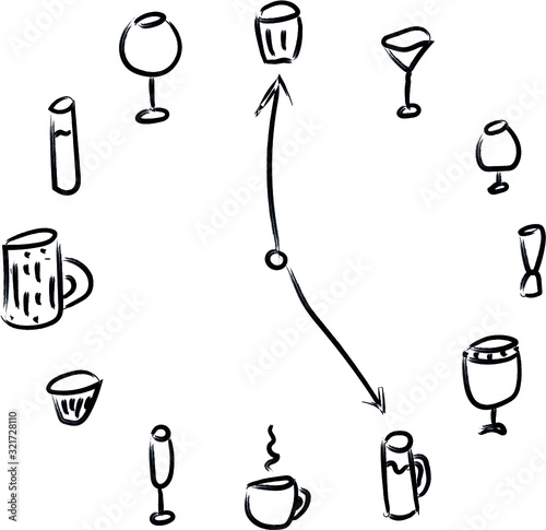 vector drawing or logo of a clock with barware and cocktail glasses and a coffee Cup