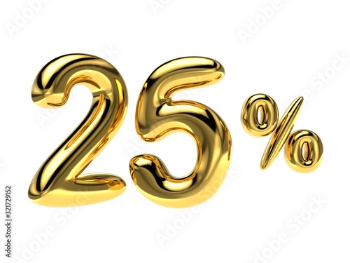 25 percent discount. Golden glossy balloon in the shape of a numbe